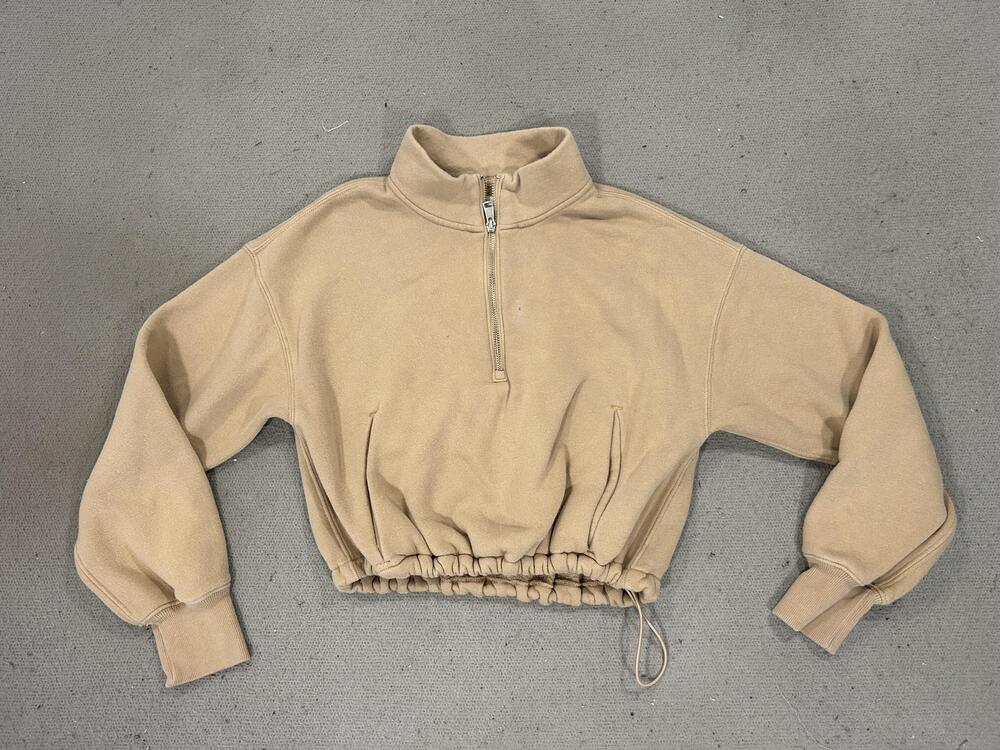Abercrombie & Fitch Sweatshirt Womens XXS Tan Quarter Zip Cropped SoftAF Fleece